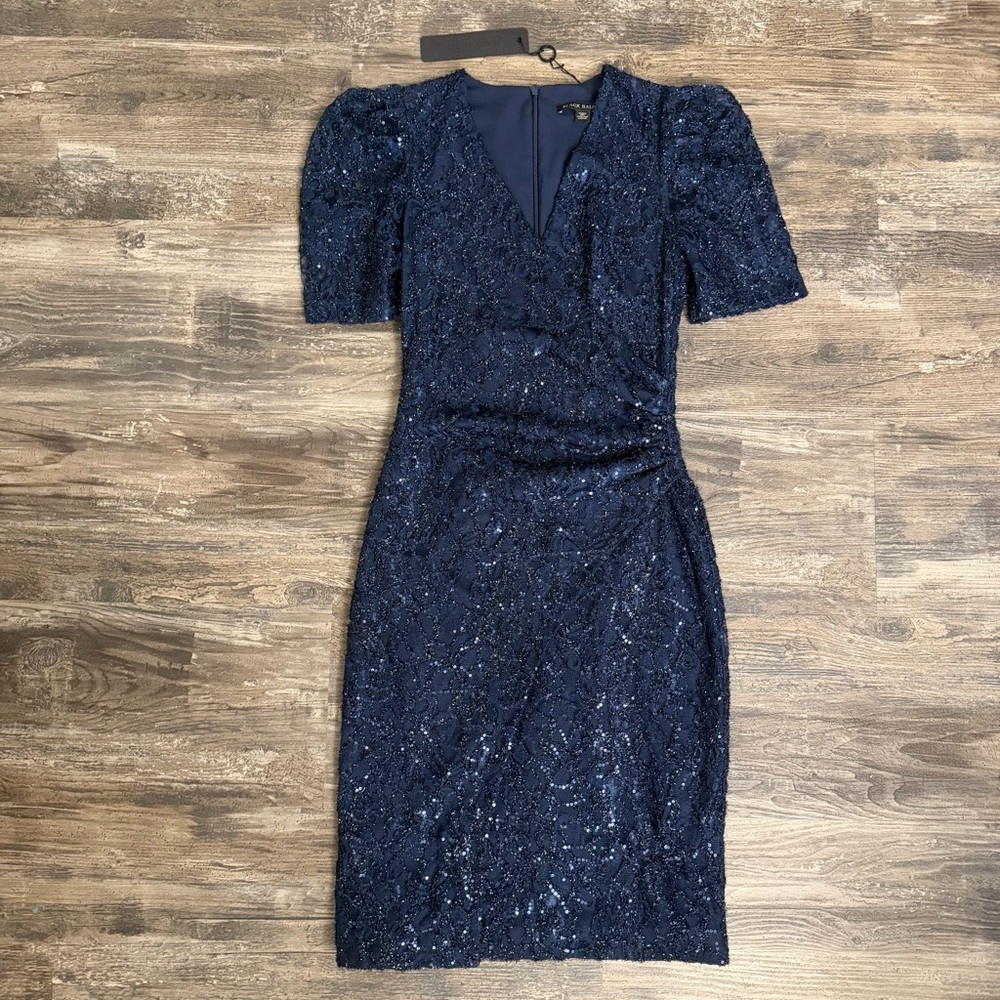 NWT Black Halo Navy Blue Sequin Lace V-Neck Short Sleeve Cocktail Dress Size 2